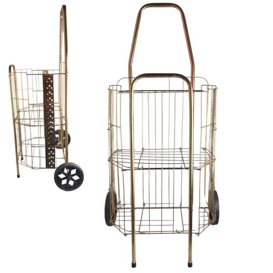 Carrinho de Feira Compras Dobrável Resistente Reforçado com Grade Dourado Suporta 30kg Menor preço em Carrinho de Feira Compras Dobrável Resistente Reforçado com Grade Dourado Suporta 30kg