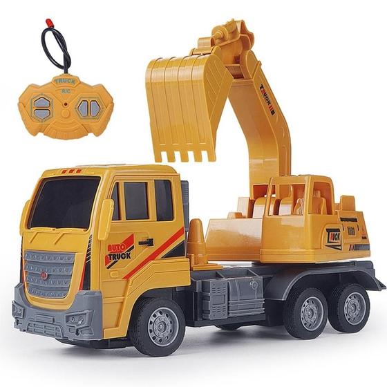 Imagem de Carrinho trator controle remoto  escavadeira de construção com luzes estilo profissional