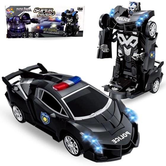 Imagem de Carro De Polícia Vira Robô Brinquedo Bate E Volta c/ Som Luz