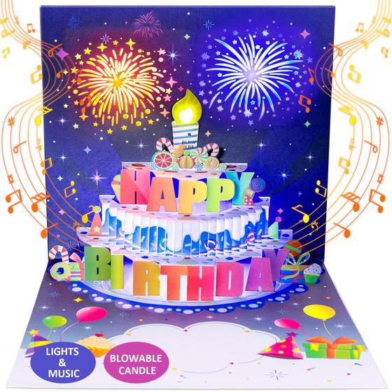 Imagem de Cartão de aniversário INFHER Fireworks Pop Up Cake com luz e música