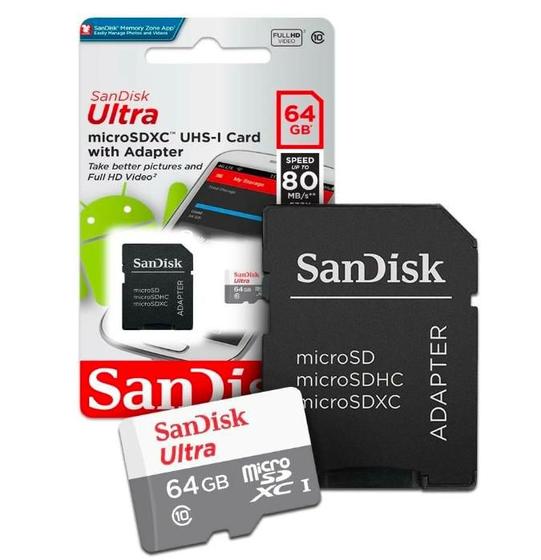 Imagem de Cartão de Memória Celular 64GB SD Adaptador Sandisk, Qualidade Garantida.