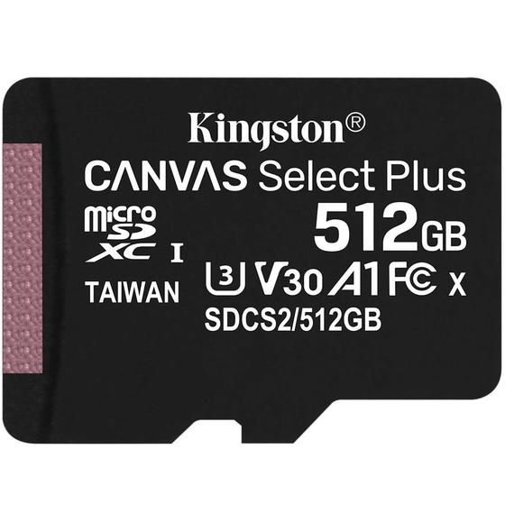 Cartão de memória Kingston microSD de 512GB Canvas Select Plus - 100MB/s - Classe 10 com adaptador SD - SDCS2/512GB Menor preço em Cartão de memória Kingston microSD de 512GB Canvas Select Plus - 100MB/s - Classe 10 com adaptador SD - SDCS2/512GB