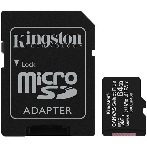 Cartão de memória Kingston microSD de 64GB Canvas Select Plus - 100MB/s - Classe 10 com adaptador SD - SDCS2/64GB Menor preço em Cartão de memória Kingston microSD de 64GB Canvas Select Plus - 100MB/s - Classe 10 com adaptador SD - SDCS2/64GB