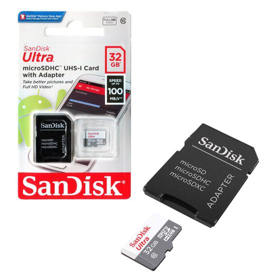 Cartão de Memória Micro SD Sandisk Ultra 32GB, Classe 10, C/Adaptador - SDSQUNR-032G-GN3MA Menor preço em Cartão de Memória Micro SD Sandisk Ultra 32GB, Classe 10, C/Adaptador - SDSQUNR-032G-GN3MA