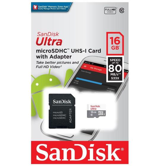 Cartão de Memória SanDisk 16GB Micro SD Classe 10 Vel. Até 80MB/s a Prova de Água p/ Smartphone Menor preço em Cartão de Memória SanDisk 16GB Micro SD Classe 10 Vel. Até 80MB/s a Prova de Água p/ Smartphone