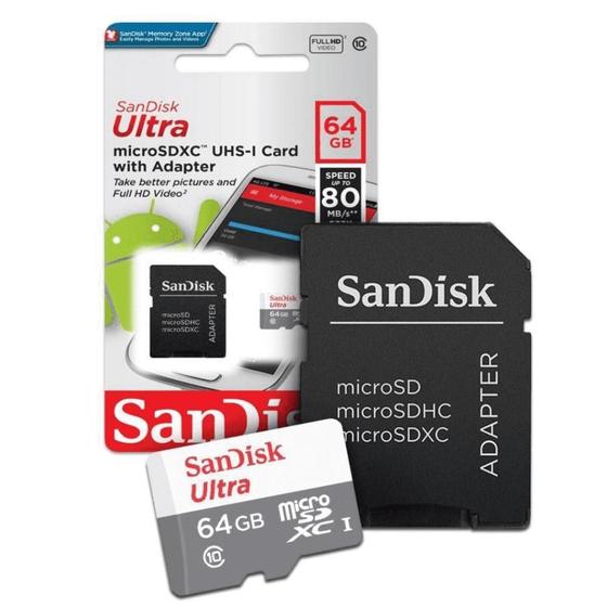 Imagem de Cartão de Memória Sandisk Micro SD 64GB 80mb/s Ultra Classe 10 p/ Celular Câmera SDSQUNS-064G-GN3MA