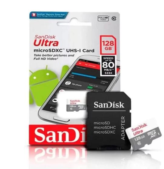 Cartão de Memória SanDisk Ultra MicroSD 128GB, com Adaptador 100MB/s Menor preço em Cartão de Memória SanDisk Ultra MicroSD 128GB, com Adaptador 100MB/s