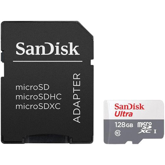 Cartão de Memória SanDisk Ultra MicroSD UHS-I, 128GB, com Adaptador 100MB/s - C10 - SDSQUNR-128G Menor preço em Cartão de Memória SanDisk Ultra MicroSD UHS-I, 128GB, com Adaptador 100MB/s - C10 - SDSQUNR-128G