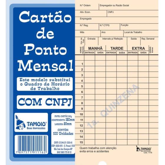 Cartão De Ponto Mensal Bloco 10 Folhas Tamoio Boas Impressões Bloco De Notas Magazine Luiza 8281