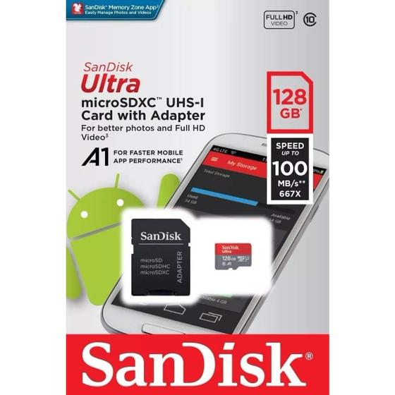 Imagem de Cartão Micro Sd Sandisk A1 Ultra 128Gb 100Mb/S + Adaptador