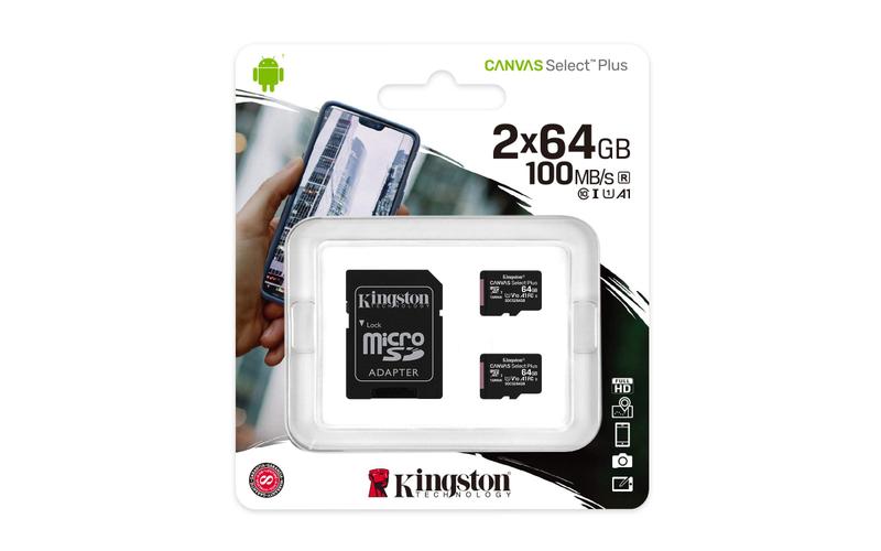 Imagem de Cartão microSDXC Kingston Canvas Select Plus 64GB, pacote com 2