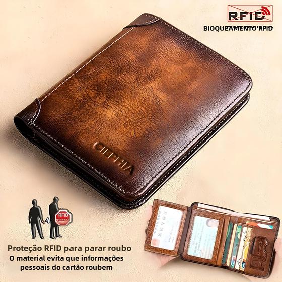 Imagem de Carteira Masculina de Couro Genuíno com Proteção RFID - Design Fino e Vintage