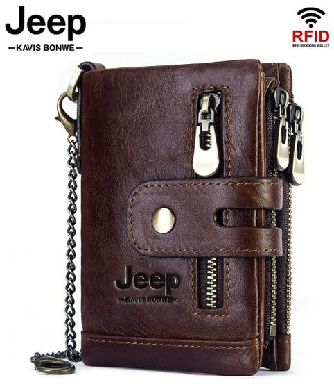 Imagem de Carteira masculina feminina Jeep Kavis em couro Rfid 3 zíper