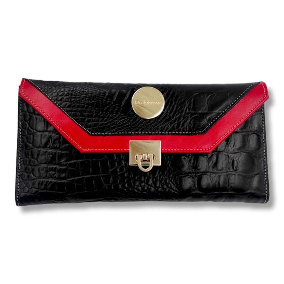 Imagem de Carteira preto croco couro detalhe vermelho porta cheque e cartão espelho modelo envelope