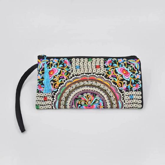 Imagem de Carteira Quadrada Étnica com Bordado Floral e Pulseira - Bolsa de Noite para Celular e Itens