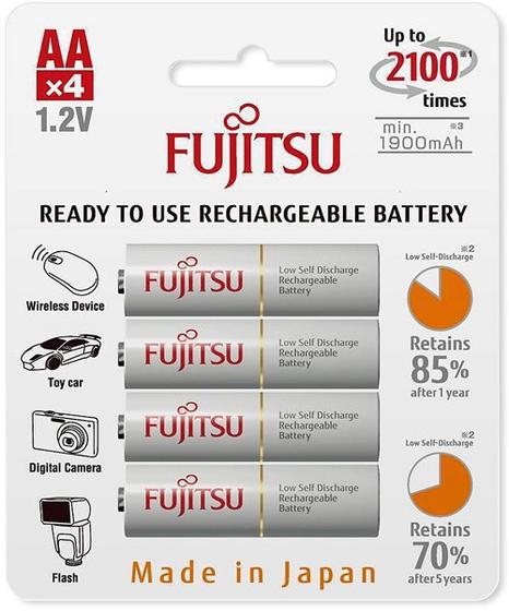 Imagem de Cartela c/ 4 pilhas BRANCAS AA  recarregáveis Fujitsu Standard, modelo HR-3UTC