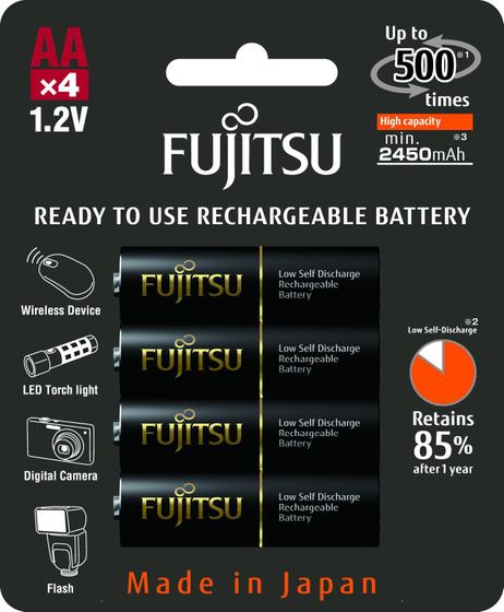 Imagem de Cartela c/ 4 pilhas PRETAS AA recarregáveis Fujitsu Premium, modelo HR-3UTHC