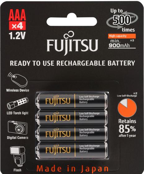 Imagem de Cartela c/ 4 pilhas PRETAS AAA PALITO recarregáveis Fujitsu Premium, modelo HR-4UTHC