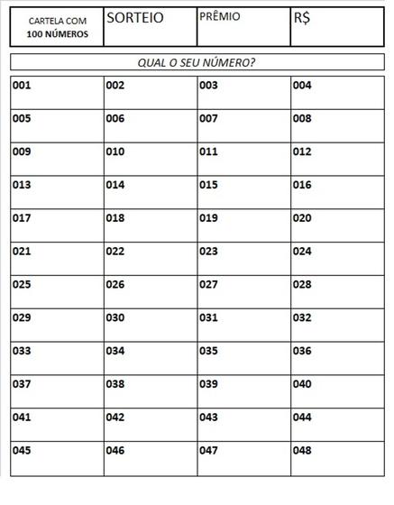 Cartela de rifa com 100 números Menor preço em Cartela de rifa com 100 números