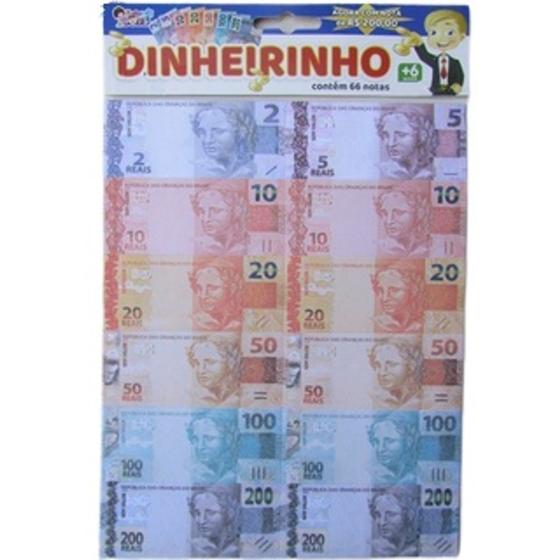 Cartela Dinheirinho de Brinquedo 66 Notas - Agora Com Nota de 200 Reais ...