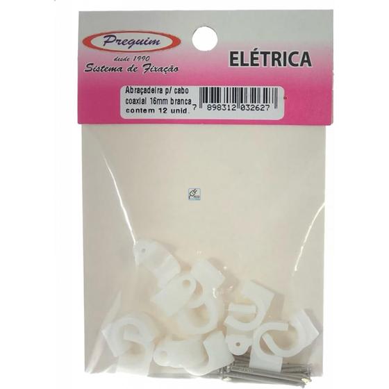 Imagem de Cartela Grampo Fixa Fio Tipo Garra Branco Preguim Coaxial 08Mm Com 12 Pecas   2627