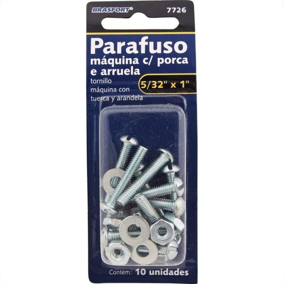 Imagem de Cartela Parafuso Rosca Maquina Brasfort   Redonda 5/32 X 1+Porca+Arruela Cartela Com 10 Pecas 7726