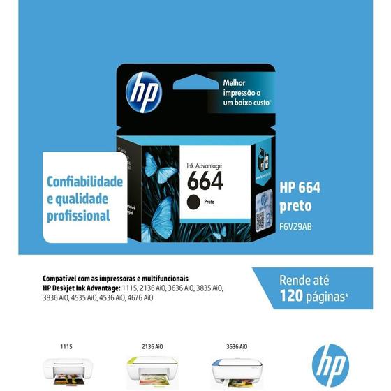 Imagem de Cartucho HP 664 F6V29AB Preto para 1115 2136 3636 3836 4536