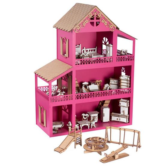 Imagem de Casa Casinha De Boneca Pink Mdf 36 Móveis Parquinho Montada