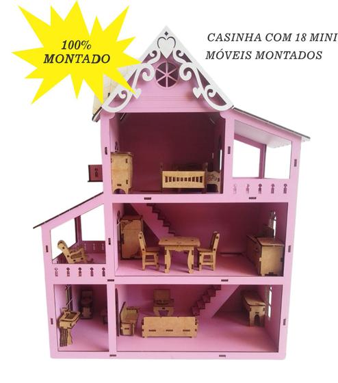 Casa casinha de boneca pintada PP 45 cm com 18 mini moveis crú Menor preço em Casa casinha de boneca pintada PP 45 cm com 18 mini moveis crú
