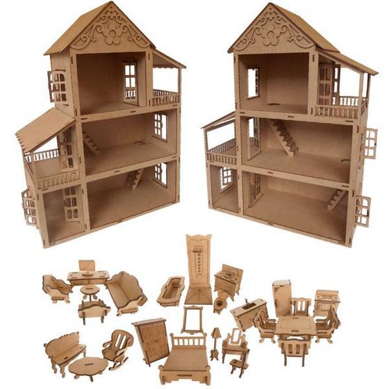Imagem de Casa casinha de boneca tipo Polly Pocket com kit 27 mini moveis em madeira MDF Cru CN4