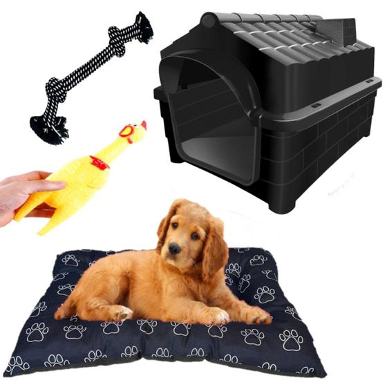 Imagem de Casa P/ Cães N3 Preto + Mordedor e Corda + Cama Pet Preto