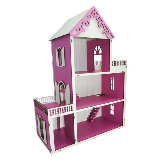 Imagem de Casa Para Boneca Polly Pintada Rosa e Branco Trabalhado 60x55x15,5 Mdf Madeira