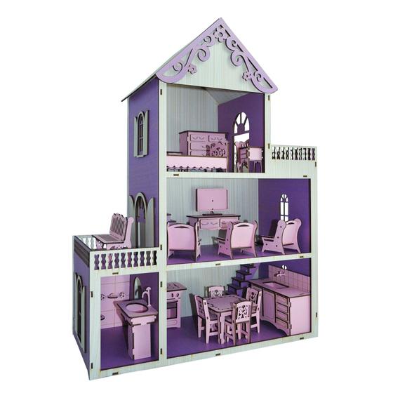 Imagem de Casa Para Boneca Polly Pintada Violeta e Branco Com 21 Móveis Rosa Mdf Madeira