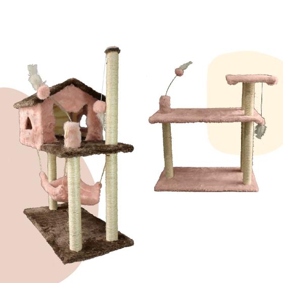 Imagem de Casa Para Gatos Dois Andares Rede E Brinquedos  Plataforma 3 Andares Poste Sisal