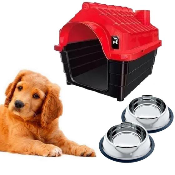 Imagem de Casa Pet Plástica N3 Médio + 2 Potes Tigela Inox Ração Água