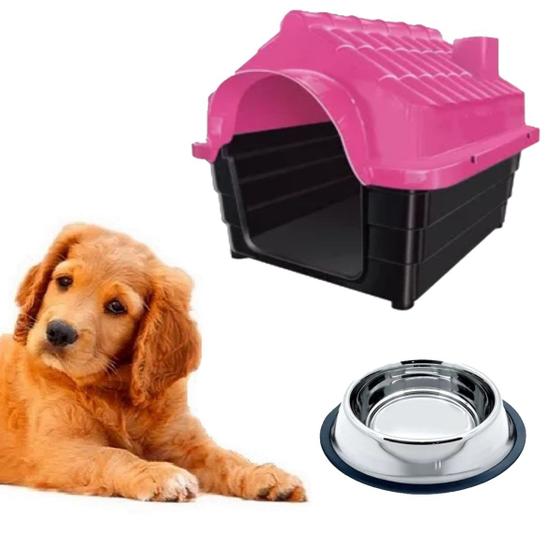 Imagem de Casa Resistente N3 Rosa E Tigela Chalesco Inox Comedouro Pet