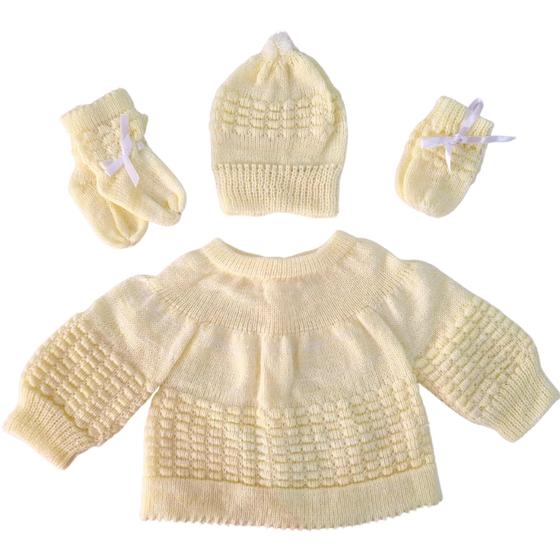 Imagem de Casaco bebê fita 4 pças enxoval bebê rn gorrinho luvinha sapatinho de lã tricô