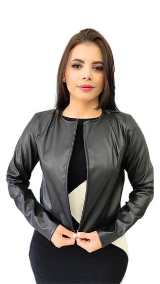 Imagem de Casaco Feminino Preto Couro Manga Longa Terceira Peça Material Sintético