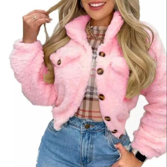 Imagem de Casaco Teddy Pelúcia Curto Bomber Jaqueta Feminino Blusa Frio Cropped Botões Tendência Inverno Moda