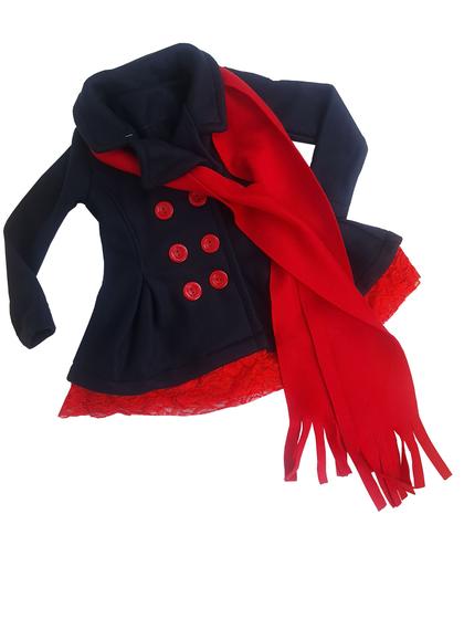 Imagem de Casaco Tipo Sobretudo Preto Infantil Com Botões Inverno Frio + Cachecol Vermelho Super Luxo