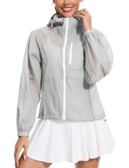 Imagem de Casaco UV com capuz feminino Aavoogue com proteção solar UPF 50+ cinza L