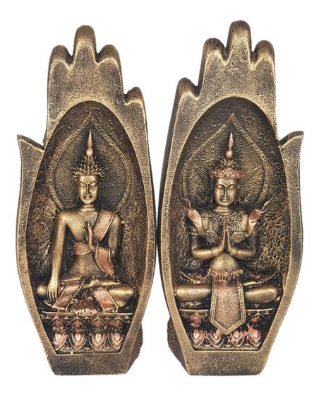Imagem de Casal Buda Namastê Híndu Mão Enfeite Decorativo Em Resina