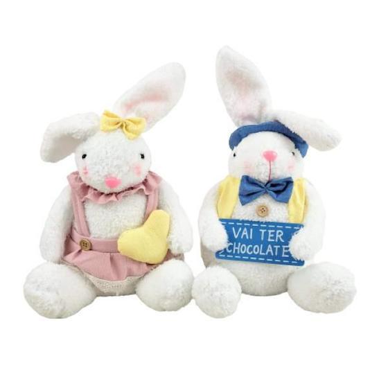 Imagem de Casal De Coelho Sentado Branco ul E Rosa 36/37Cm Páscoa