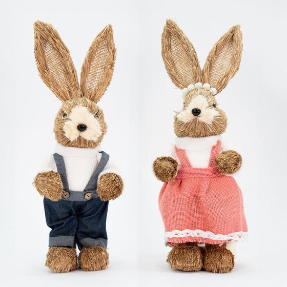 Imagem de Casal De Coelhos Coelhinhos De Páscoa Decoração em Palha 37cm