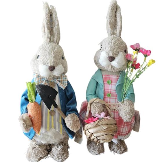 Imagem de Casal de Coelhos Decoração de Páscoa Colorido 33 cm