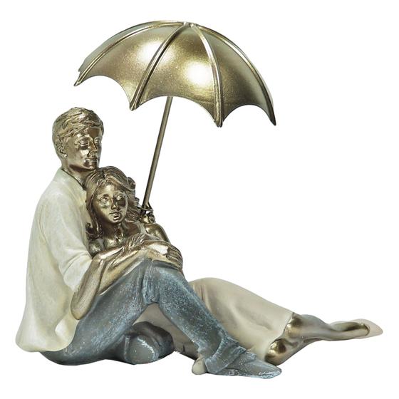 Imagem de Casal Namorados Marido Esposa C/ Guarda Chuva Escultura Resina 