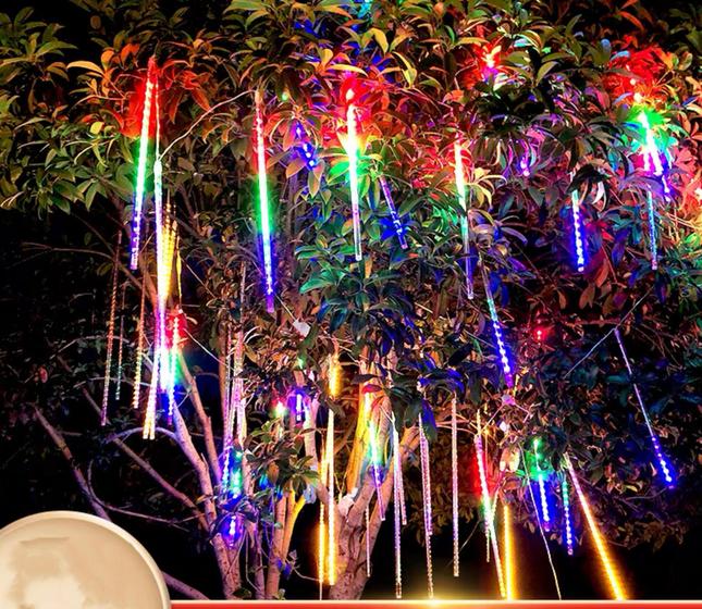 Imagem de Cascata Bastão Chuva Super Led 8 Tubos Bivolt 30cm Com Conectores Macho e Fêmea Uso Externo Colorido