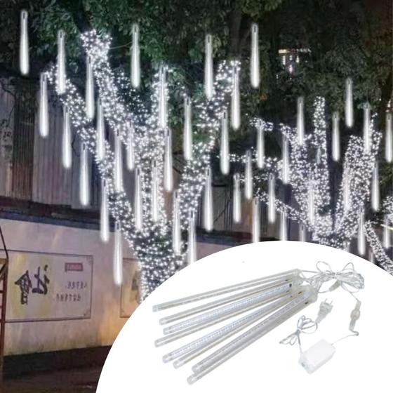 Imagem de Cascata Chuva de Meteoro Branco Quente 8 Tubos Lisos 192 Leds Dupla Face 30cm Bivolt 3M