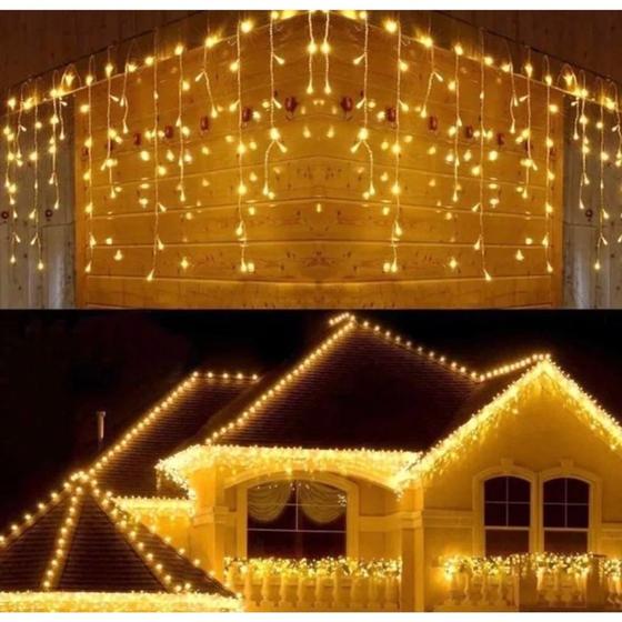 Imagem de Cascata de 200 LEDs 5 Metro 8 Funções Com Conectores Macho e Fêmea 110V Branco Quente