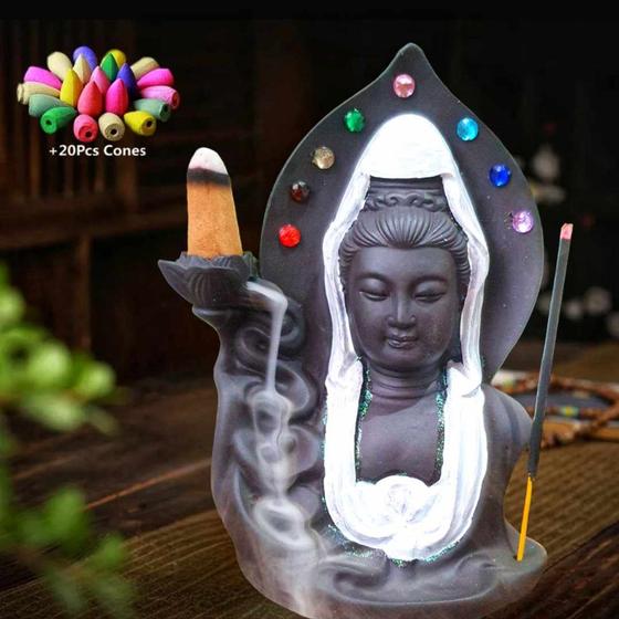 Imagem de Cascata De Fumaça Kuan Yin Porta Incensos Cerâmica 7 Chakras